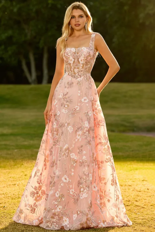 Pink Floral Corset A-Line Square Neck Long Prom Dress with Sequins sold by Wedtrend