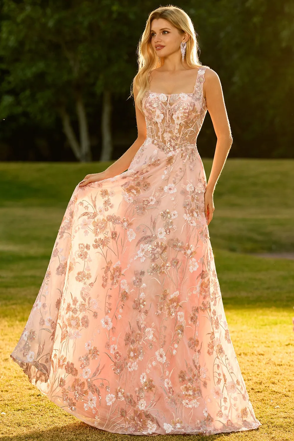 Pink Floral Corset A-Line Square Neck Long Prom Dress with Sequins sold by Wedtrend product image thumbnail 3