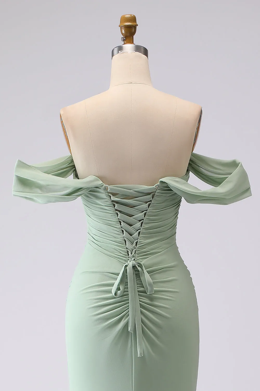 Sage Green Mermaid Off the Shoulder Ruched Long Bridesmaid Dress sold by Wedtrend product image thumbnail 5