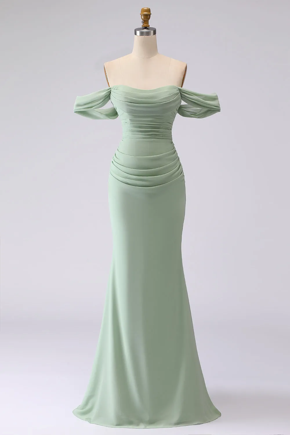 Sage Green Mermaid Off the Shoulder Ruched Long Bridesmaid Dress sold by Wedtrend