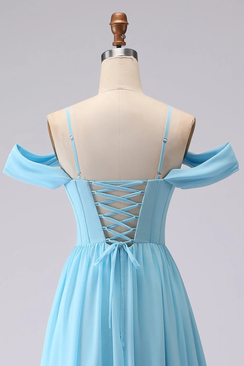 Cold Shoulder Sky Blue A Line Corset Long Bridesmaid Dress with Slit sold by Wedtrend product image thumbnail 5
