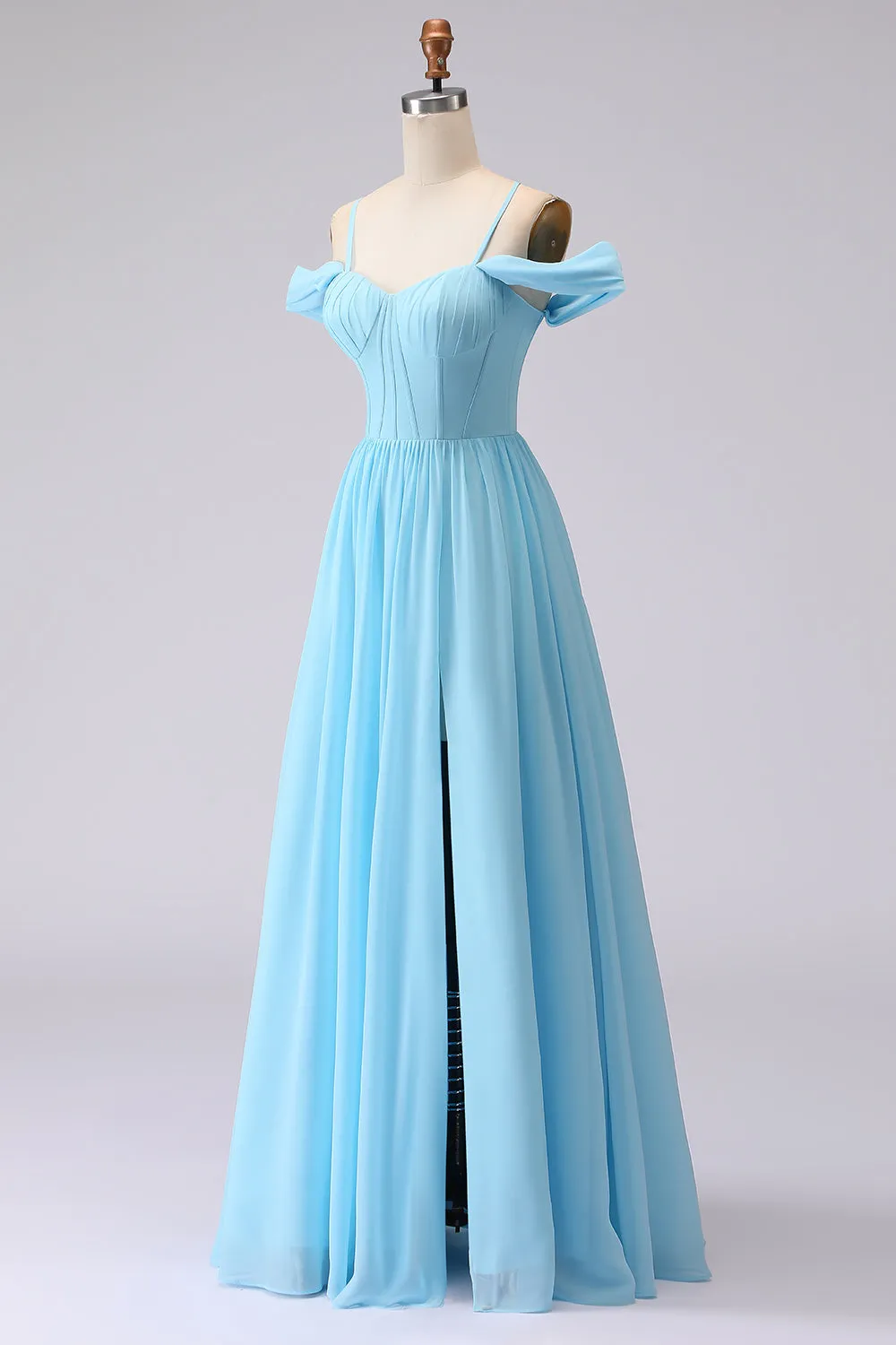 Cold Shoulder Sky Blue A Line Corset Long Bridesmaid Dress with Slit sold by Wedtrend product image thumbnail 3