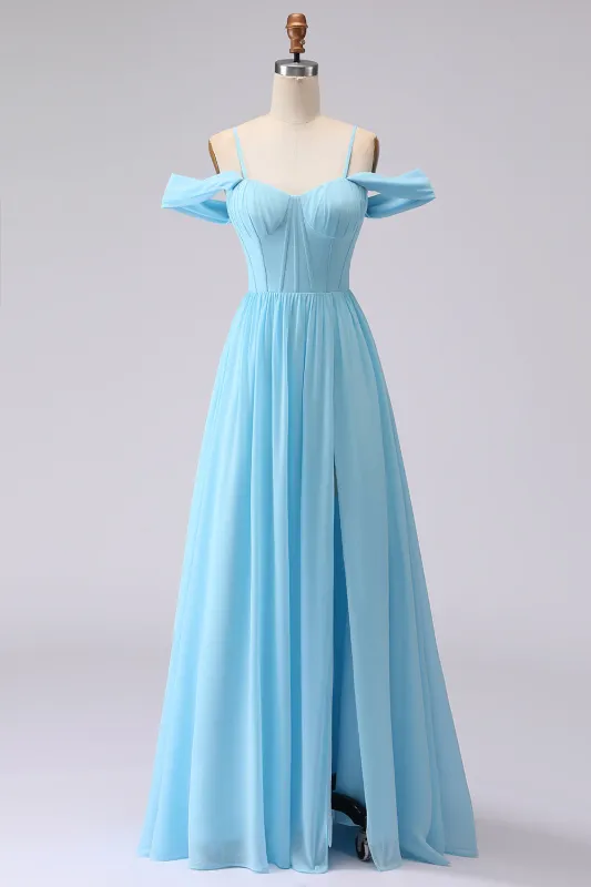 Cold Shoulder Sky Blue A Line Corset Long Bridesmaid Dress with Slit made by Wedtrend