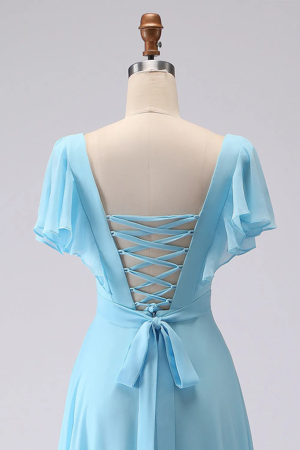 Sky Blue A Line V Neck Rhinestone Ruffled Long Bridesmaid Dress with Slit sold by Wedtrend product image thumbnail 5