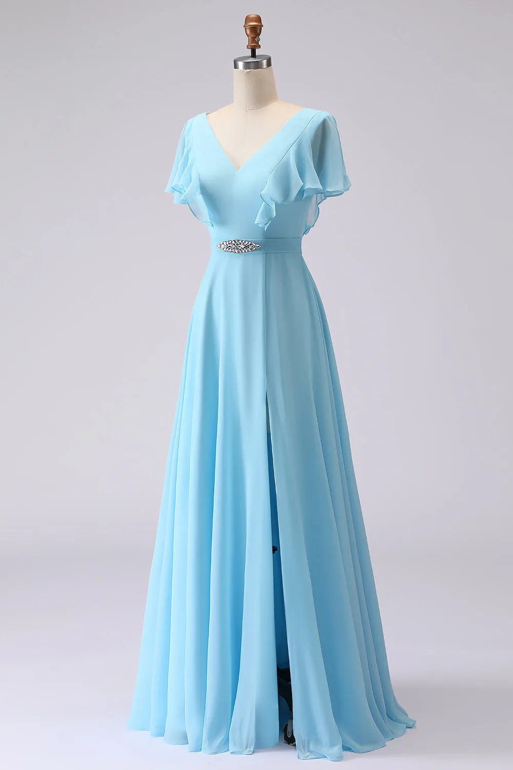 Sky Blue A Line V Neck Rhinestone Ruffled Long Bridesmaid Dress with Slit sold by Wedtrend product image thumbnail 3