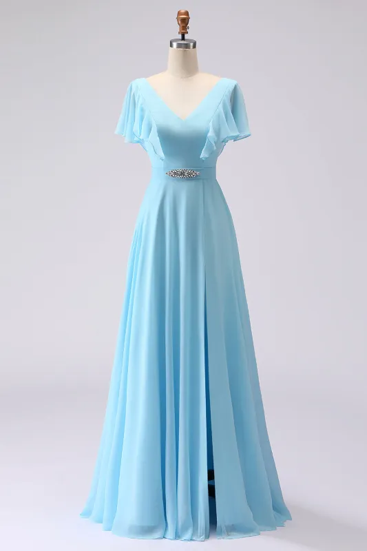 Sky Blue A Line V Neck Rhinestone Ruffled Long Bridesmaid Dress with Slit made by Wedtrend