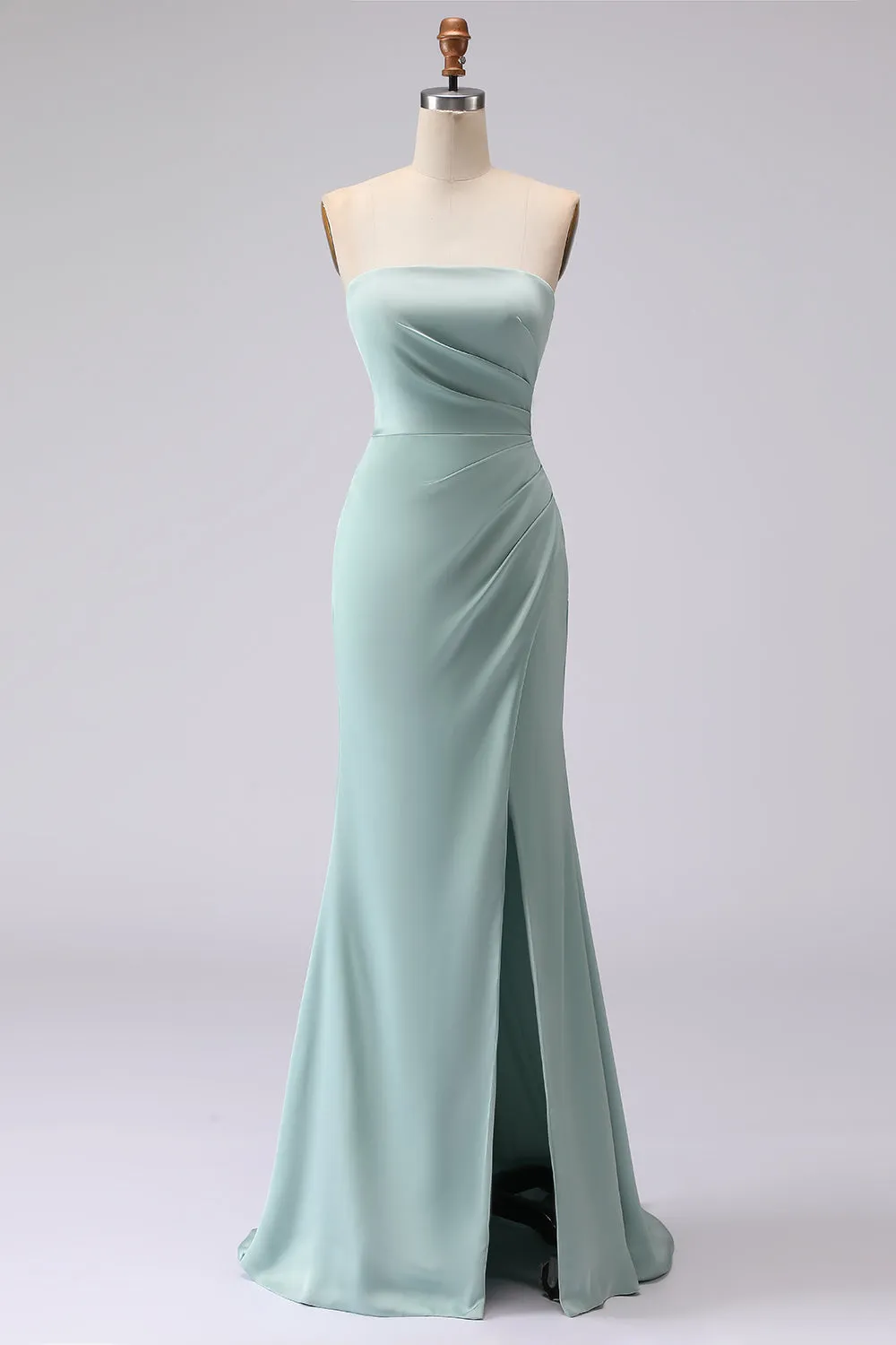 Simple Green Strapless Mermaid Long Bridesmaid Dress with Slit sold by Wedtrend
