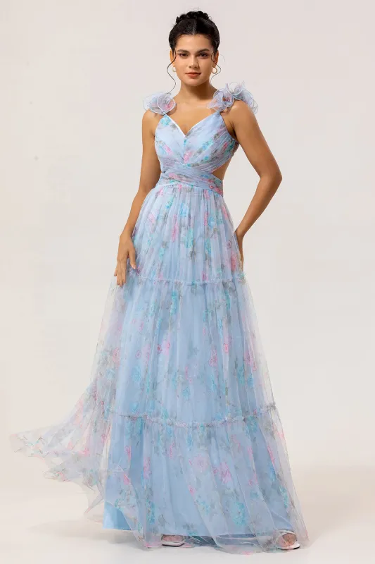 Pastel Blue A-Line Pleated Tulle Maxi Floral Dress with 3D Shoulder Appliqués made by Wedtrend