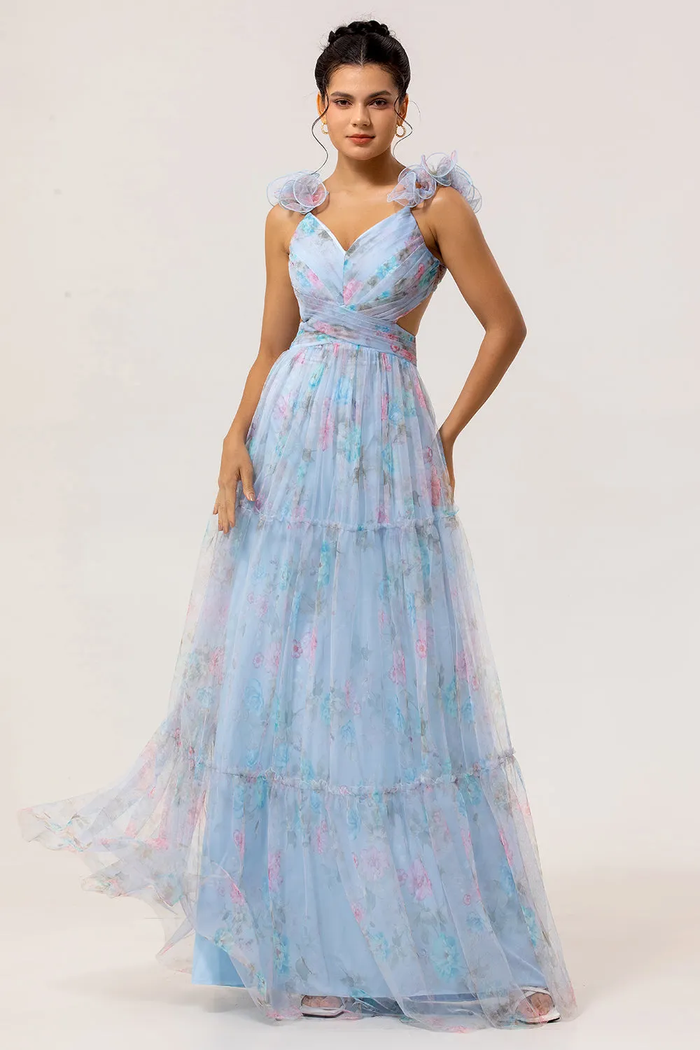Pastel Blue A-Line Pleated Tulle Maxi Floral Dress with 3D Shoulder Appliqués sold by Wedtrend