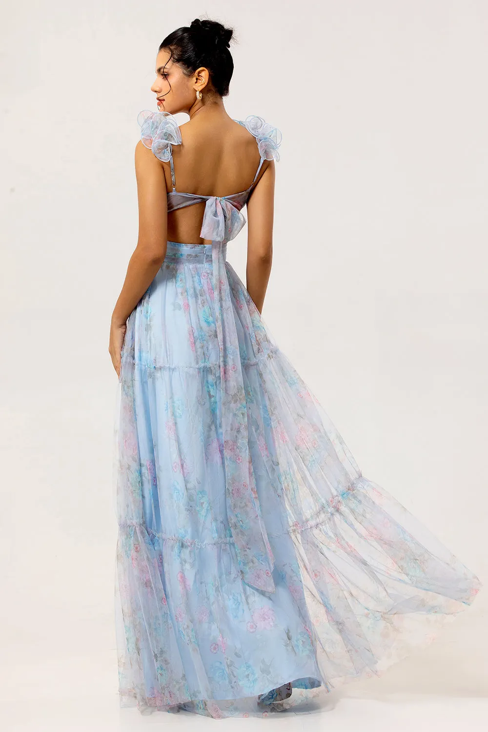 Pastel Blue A-Line Pleated Tulle Maxi Floral Dress with 3D Shoulder Appliqués sold by Wedtrend product image thumbnail 2