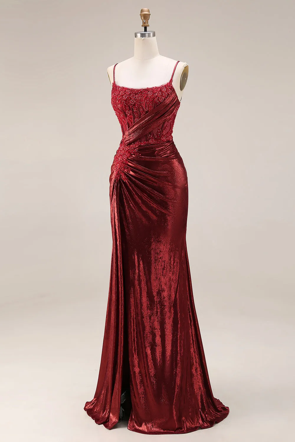 Dark Red Mermaid Beaded Spaghetti Straps Ruched Long Prom Dress with Slit sold by Wedtrend product image thumbnail 3