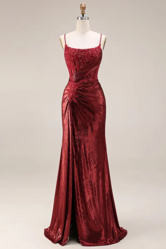 Dark Red Mermaid Beaded Spaghetti Straps Ruched Long Prom Dress with Slit made by Wedtrend