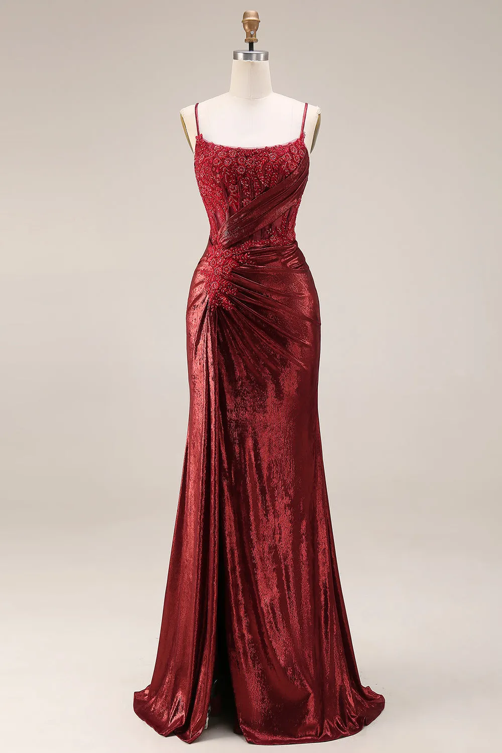 Dark Red Mermaid Beaded Spaghetti Straps Ruched Long Prom Dress with Slit sold by Wedtrend