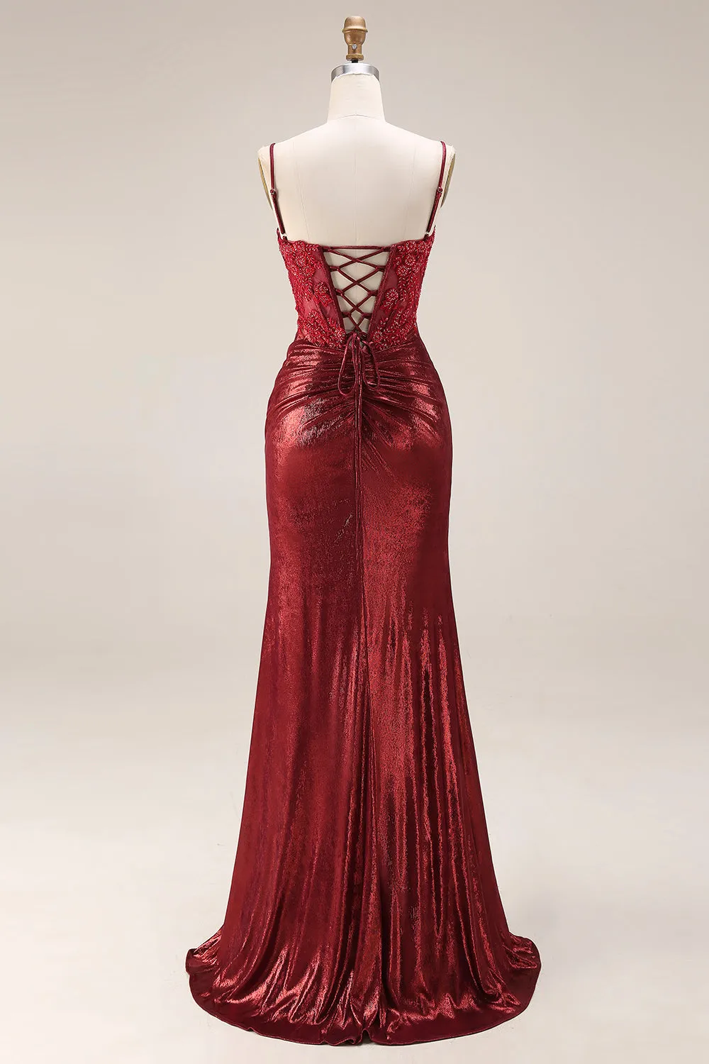 Dark Red Mermaid Beaded Spaghetti Straps Ruched Long Prom Dress with Slit sold by Wedtrend product image thumbnail 2