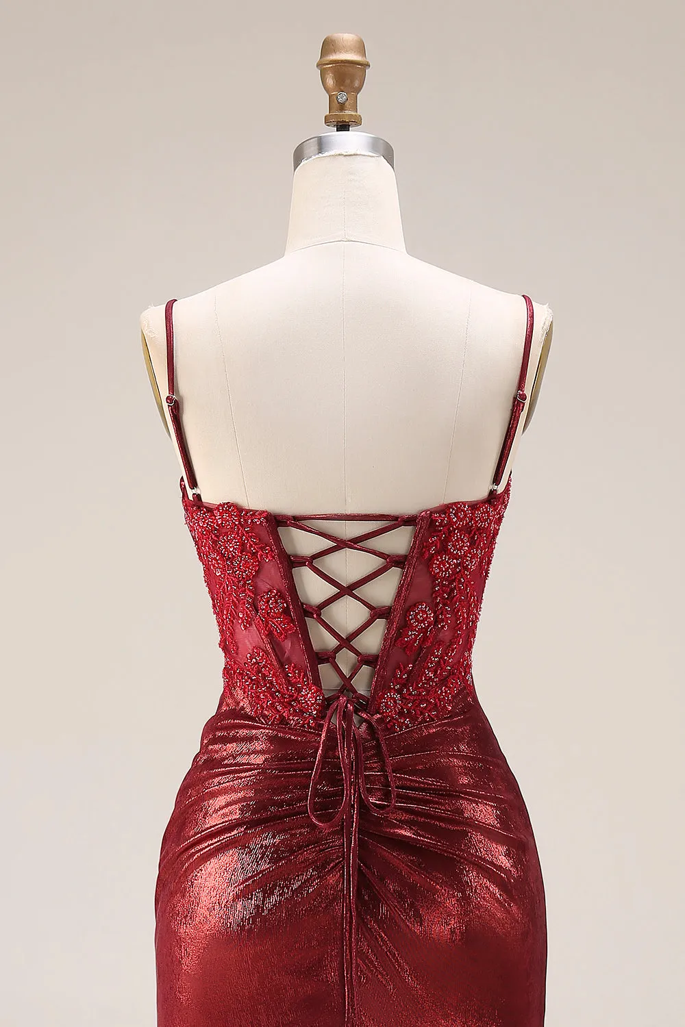 Dark Red Mermaid Beaded Spaghetti Straps Ruched Long Prom Dress with Slit sold by Wedtrend product image thumbnail 5