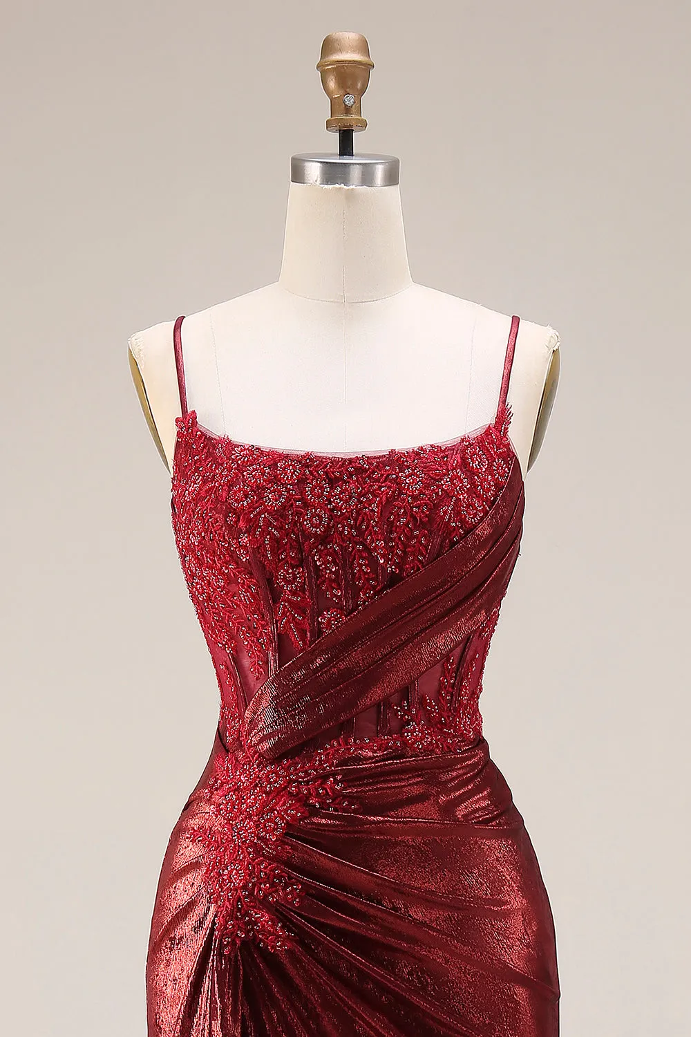 Dark Red Mermaid Beaded Spaghetti Straps Ruched Long Prom Dress with Slit sold by Wedtrend product image thumbnail 4