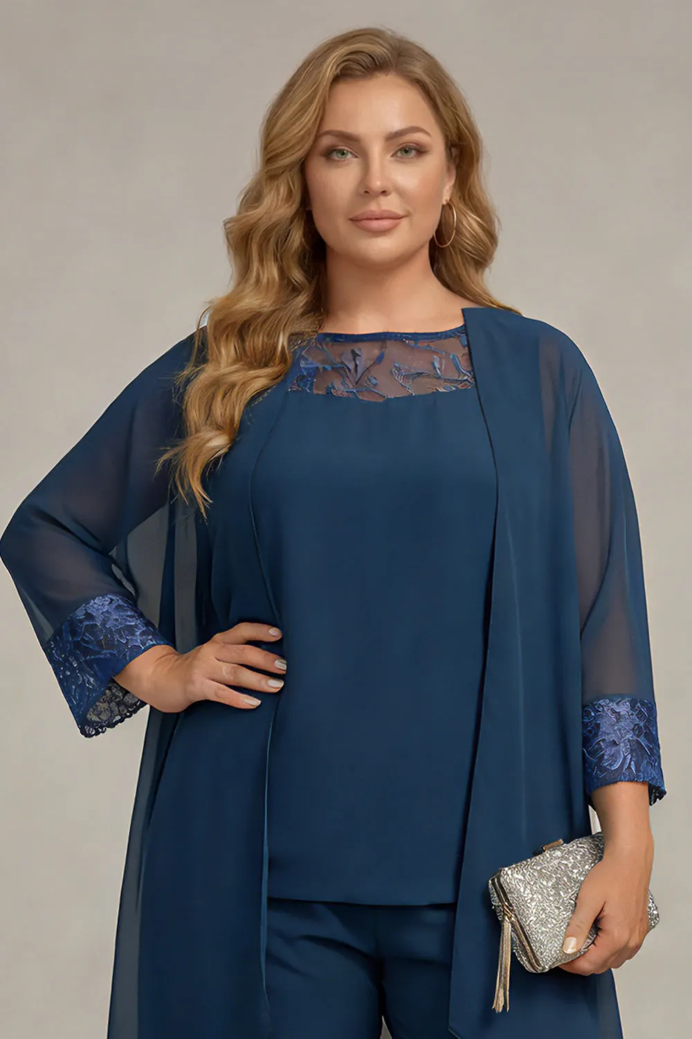 Navy 3 Piece Plus Size Mother of the Bride Pant Suits sold by Wedtrend product image thumbnail 3