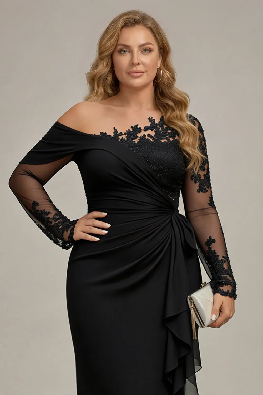 Black Appliqued Long Sleeve Plus Size Mother Of The Bride Dress sold by Wedtrend product image thumbnail 3