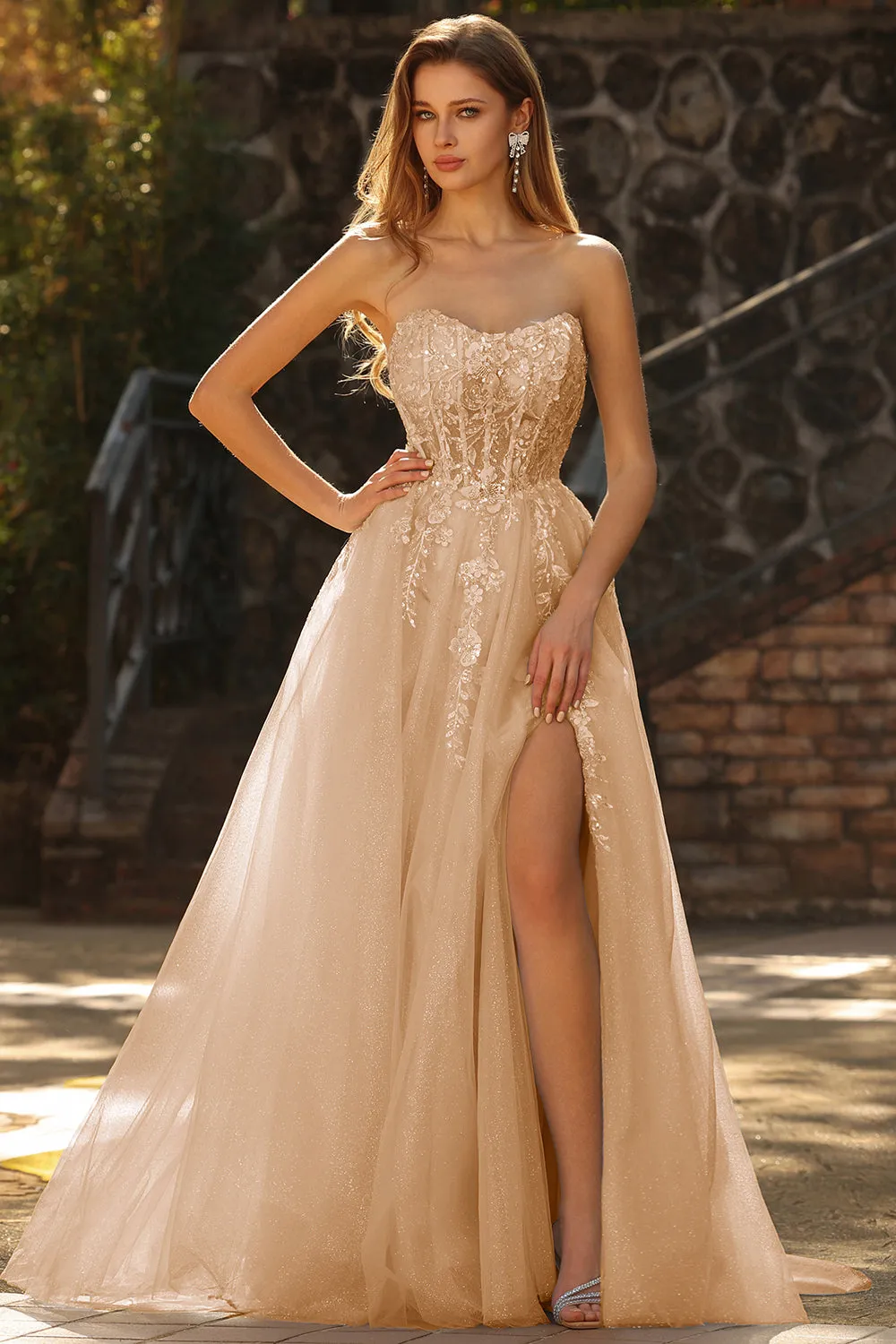 Strapless Champagne A Line Corset Appliqued Sequin Long Prom Dress with Slit sold by Wedtrend