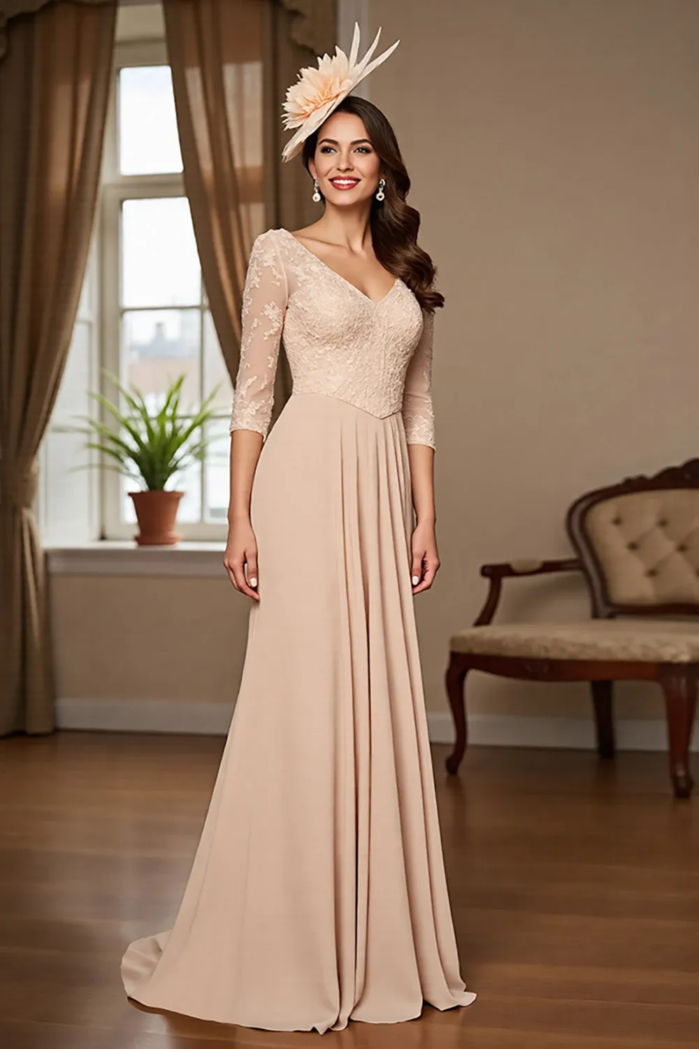 Apricot A Line Applique Mother Of The Bride Dress With Half Sleeves sold by Wedtrend product image thumbnail 3