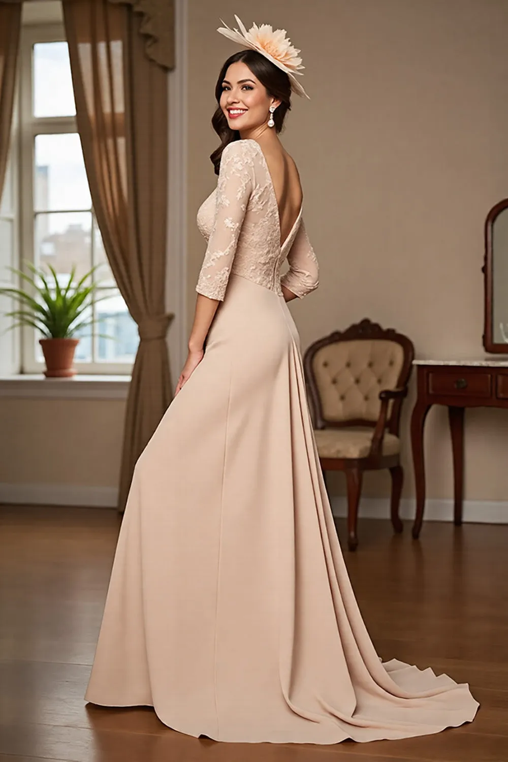 Apricot A Line Applique Mother Of The Bride Dress With Half Sleeves sold by Wedtrend product image thumbnail 4