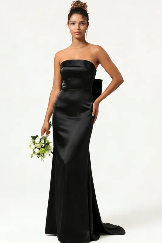 Black Strapless Mermaid Long Bridesmaid Dress with Bow sold by Wedtrend