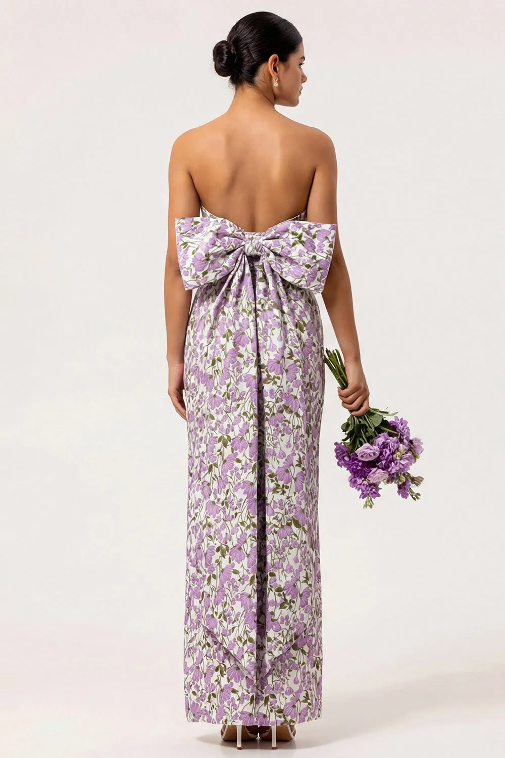Strapless Purple Floral Sheath Long Wedding Guest Dress with Bow sold by Wedtrend product image thumbnail 2