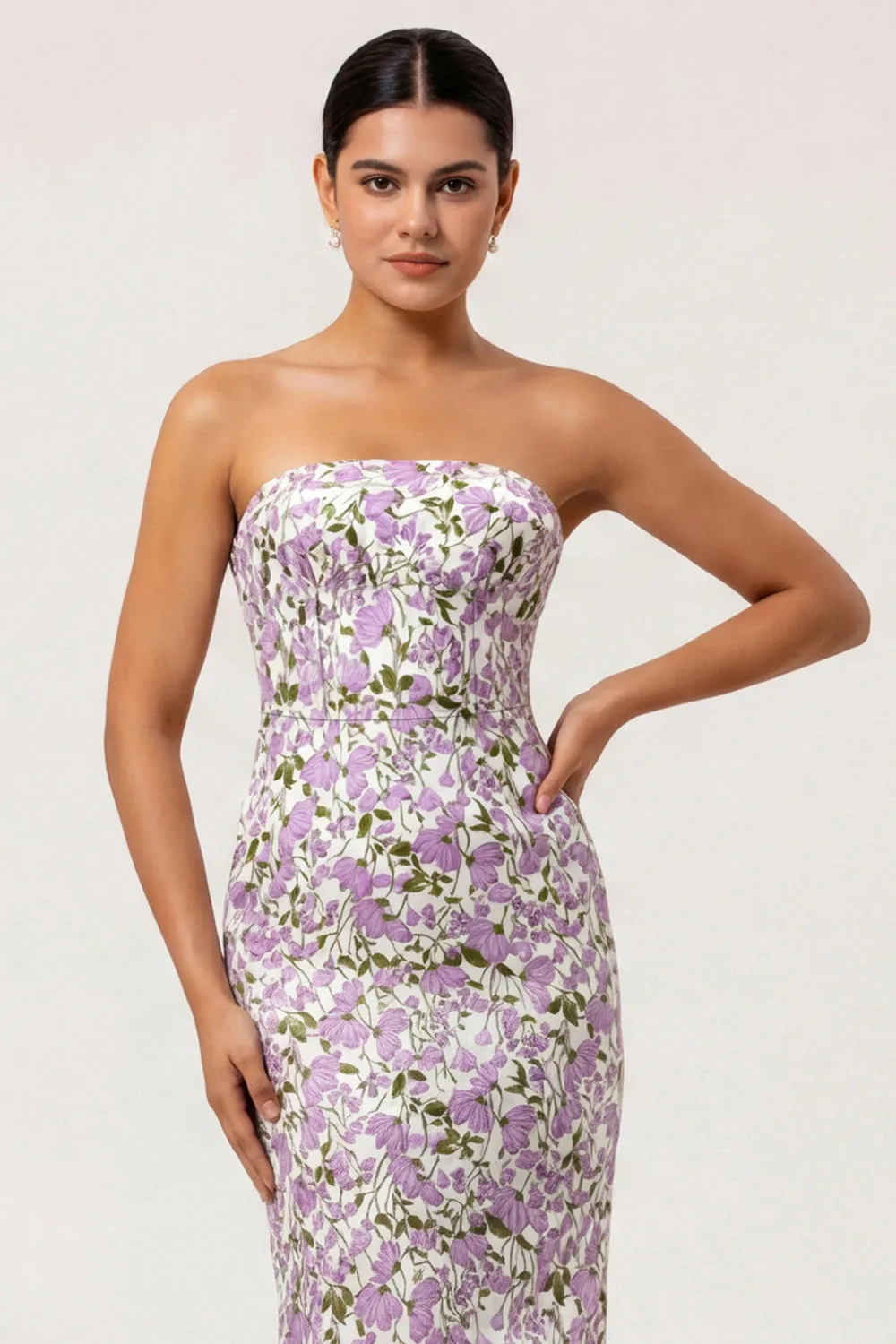 Strapless Purple Floral Sheath Long Wedding Guest Dress with Bow sold by Wedtrend product image thumbnail 3