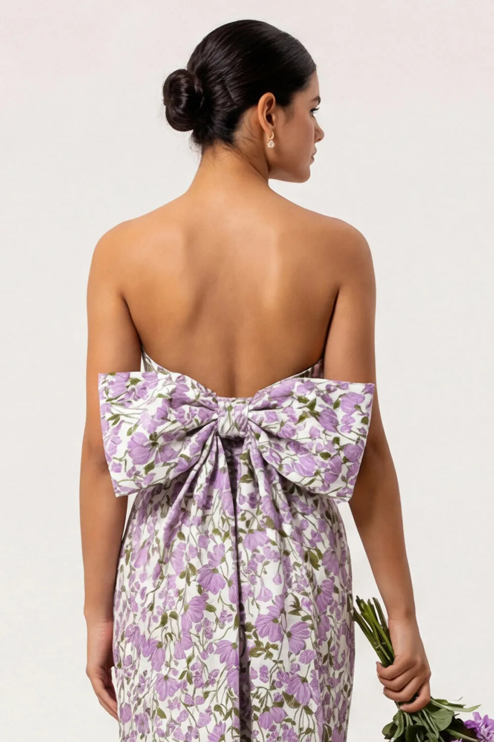 Strapless Purple Floral Sheath Long Wedding Guest Dress with Bow sold by Wedtrend product image thumbnail 4