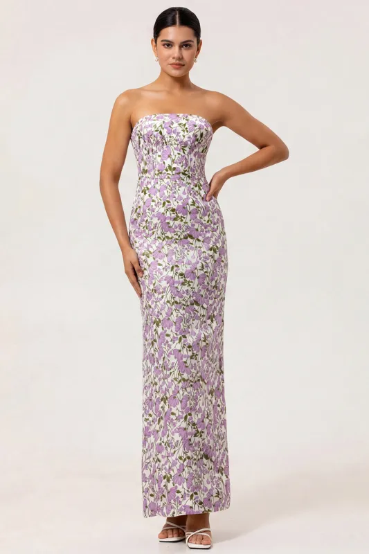 Strapless Purple Floral Sheath Long Wedding Guest Dress with Bow made by Wedtrend