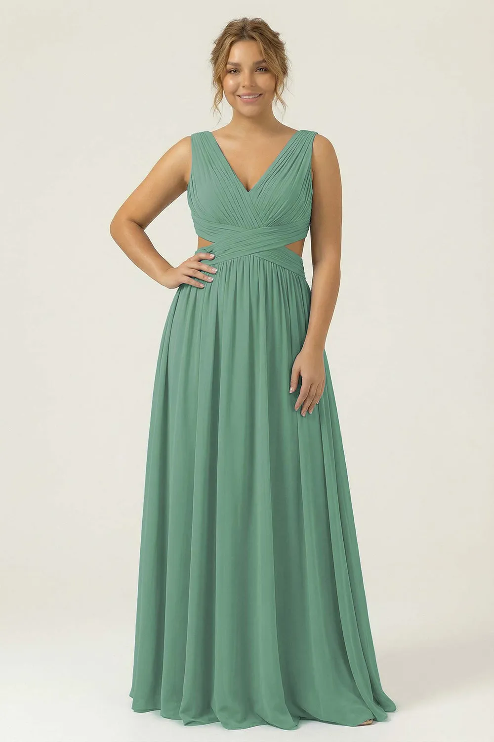 Dusty Blue A Line V Neck Chiffon Long Plus Size Bridesmaid Dress sold by Wedtrend product image thumbnail 2