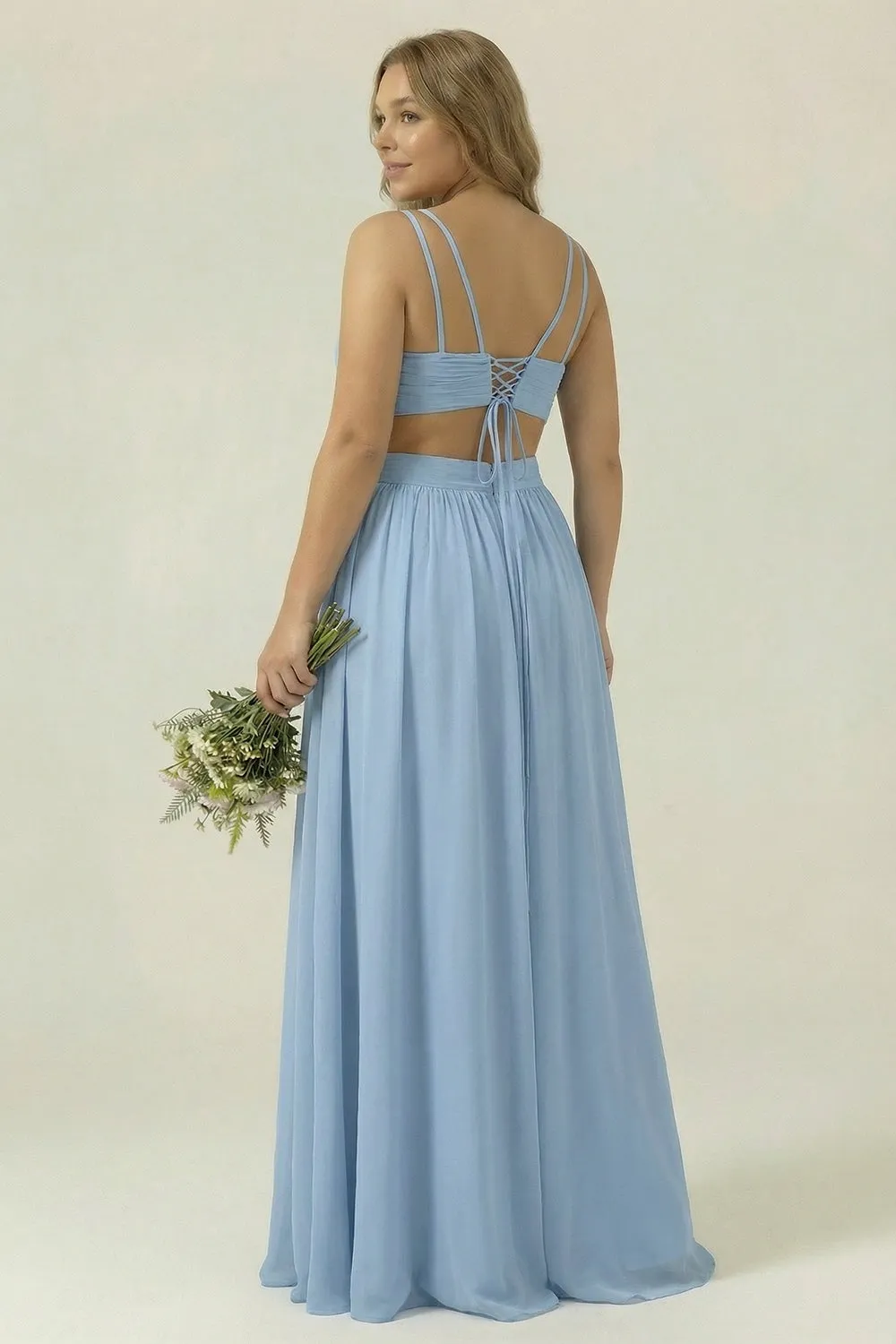 Dusty Blue A Line V Neck Chiffon Long Plus Size Bridesmaid Dress sold by Wedtrend product image thumbnail 3