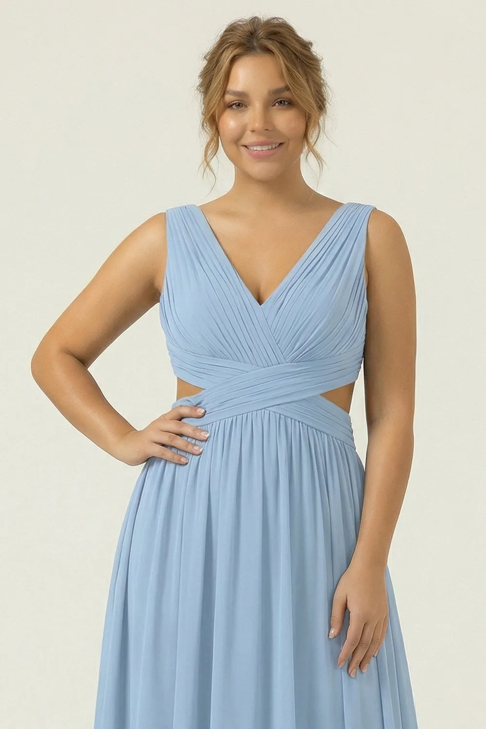 Dusty Blue A Line V Neck Chiffon Long Plus Size Bridesmaid Dress sold by Wedtrend product image thumbnail 4