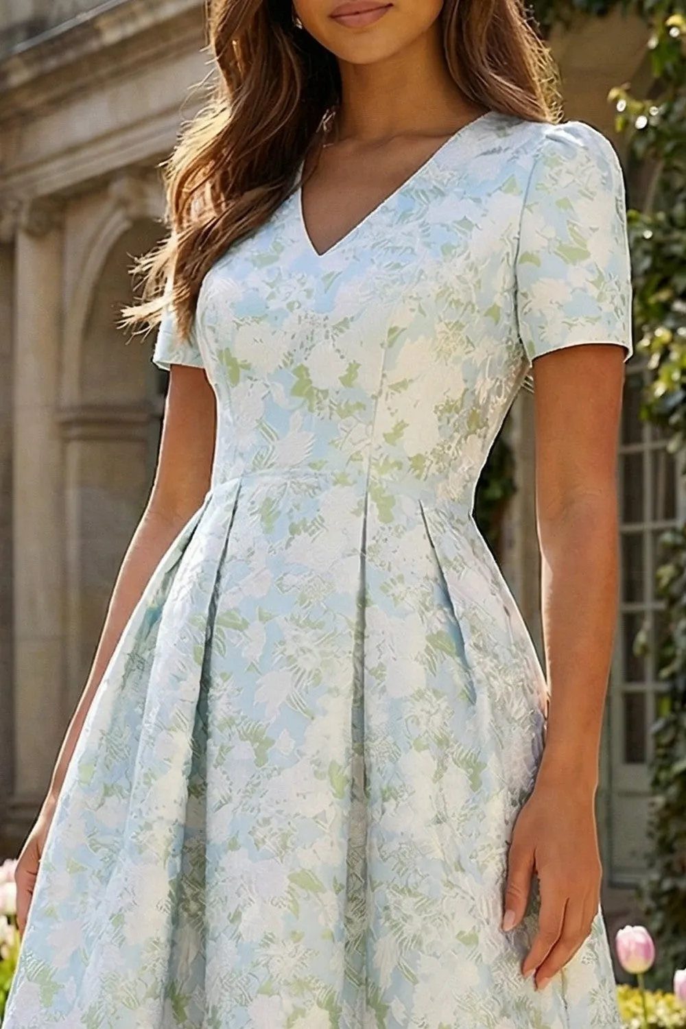 Blue White Floral A Line V Neck Wedding Guest Dress with Short Sleeves sold by Wedtrend product image thumbnail 3