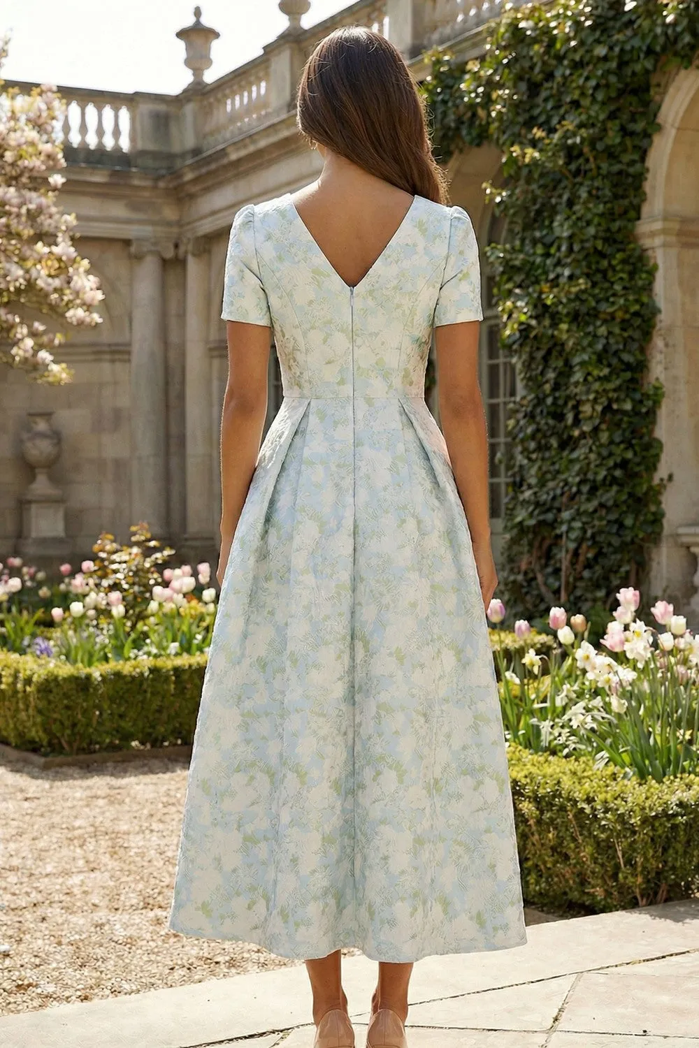 Blue White Floral A Line V Neck Wedding Guest Dress with Short Sleeves sold by Wedtrend product image thumbnail 2