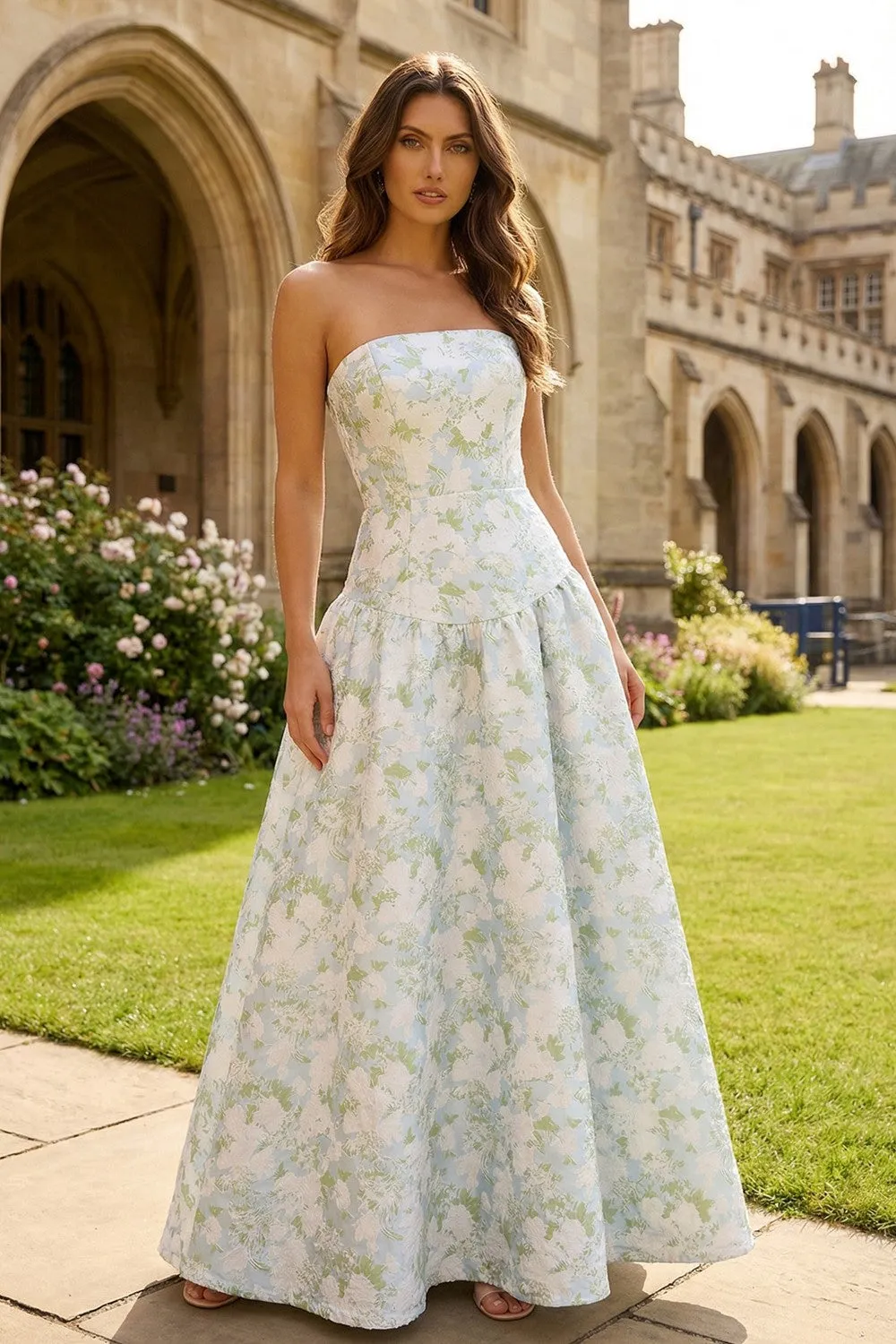 Blue White Flower Printed Strapless A Line Long Wedding Guest Dress sold by Wedtrend