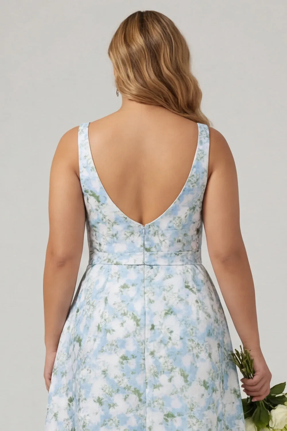 Floral Blue White A-Line Print Bowed Satin Plus Size Bridesmaid Dress with Slit sold by Wedtrend product image thumbnail 5