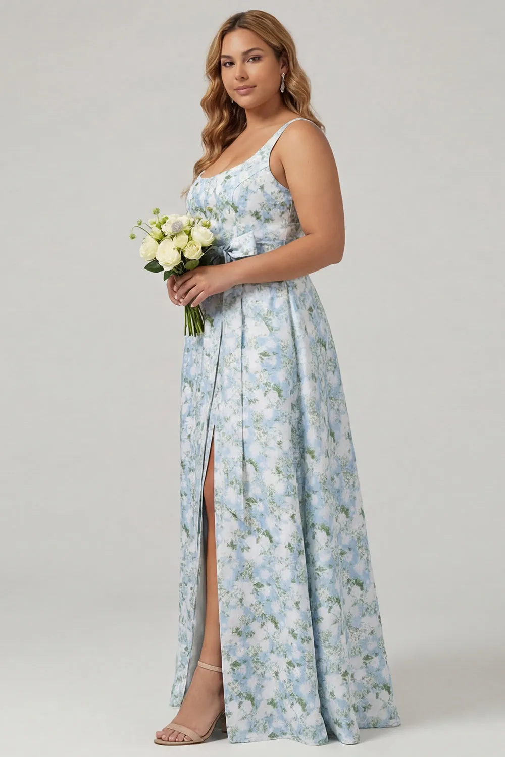Floral Blue White A-Line Print Bowed Satin Plus Size Bridesmaid Dress with Slit sold by Wedtrend product image thumbnail 3