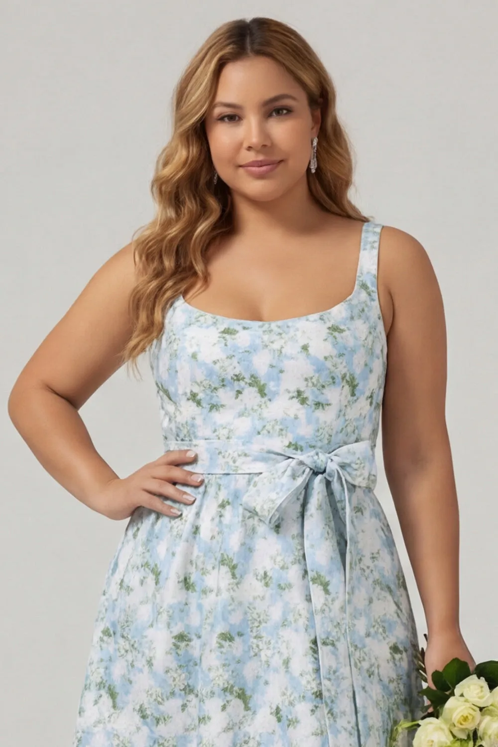 Floral Blue White A-Line Print Bowed Satin Plus Size Bridesmaid Dress with Slit sold by Wedtrend product image thumbnail 4