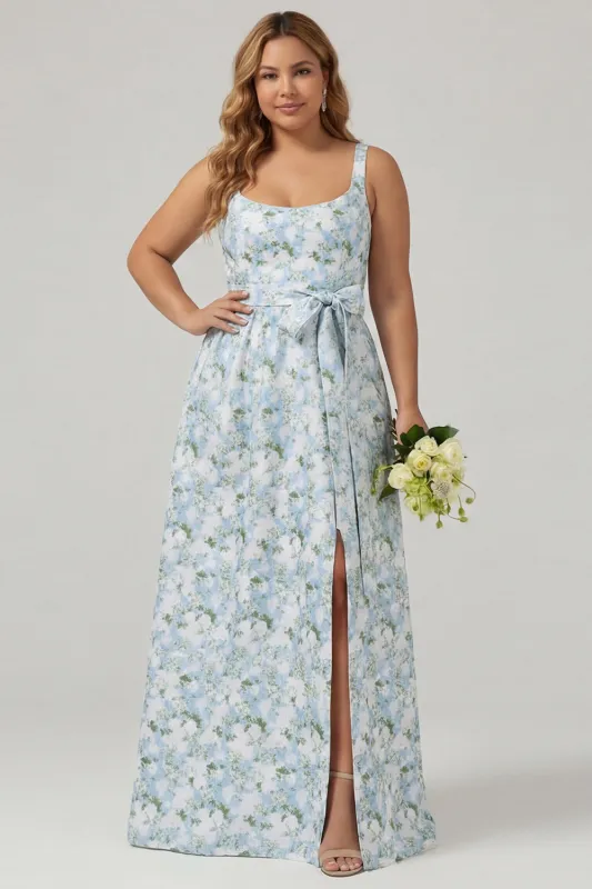 Floral Blue White A-Line Print Bowed Satin Plus Size Bridesmaid Dress with Slit made by Wedtrend