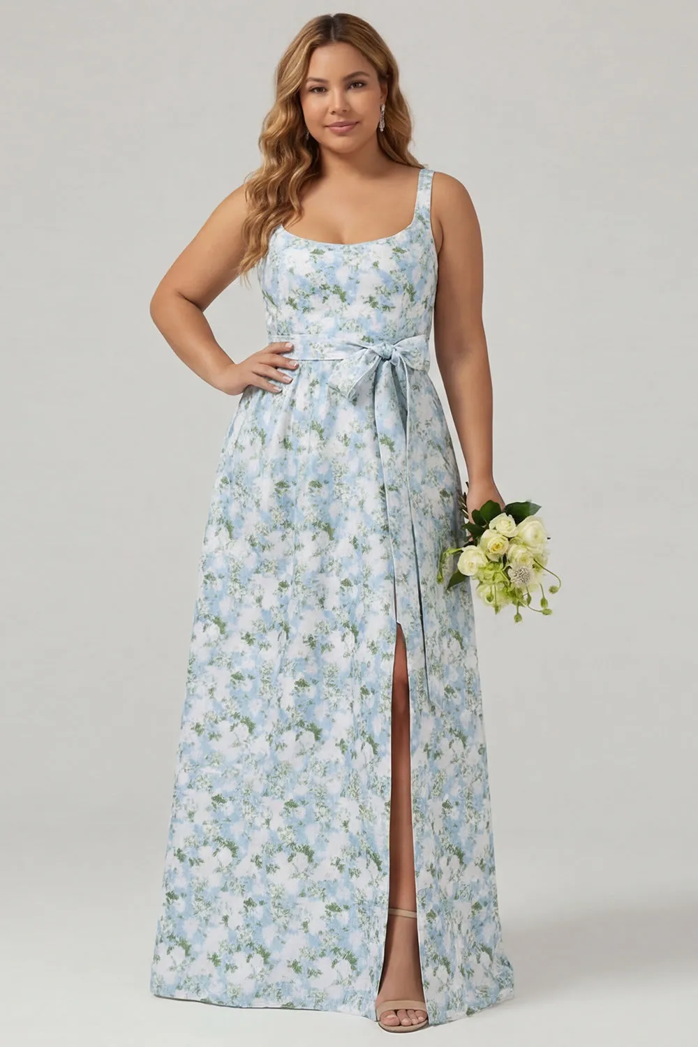 Floral Blue White A-Line Print Bowed Satin Plus Size Bridesmaid Dress with Slit sold by Wedtrend