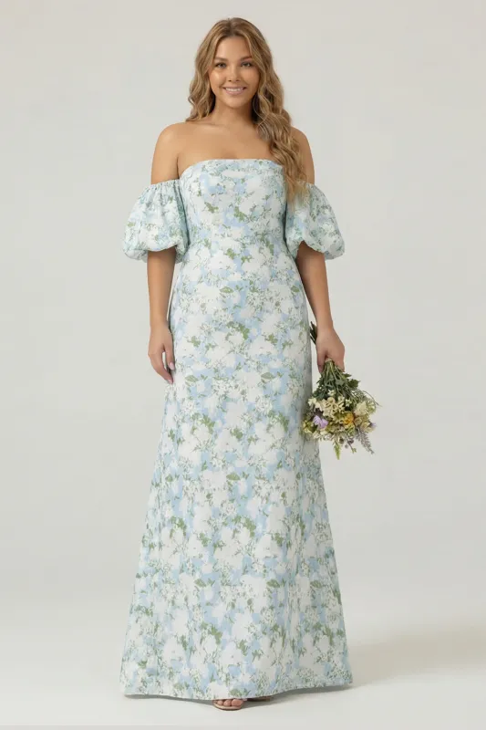 Blue White Flower Mermaid Strapless Satin Plus Size Bridesmaid Dress with Removable Sleeves made by Wedtrend