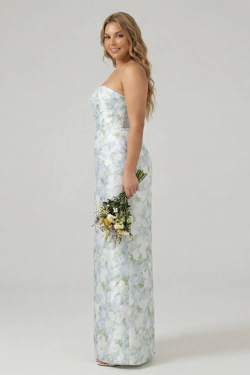Floral Blue White Sheath Strapless Back Slit Satin Plus Size Bridesmaid Dress with Pockets sold by Wedtrend product image thumbnail 3