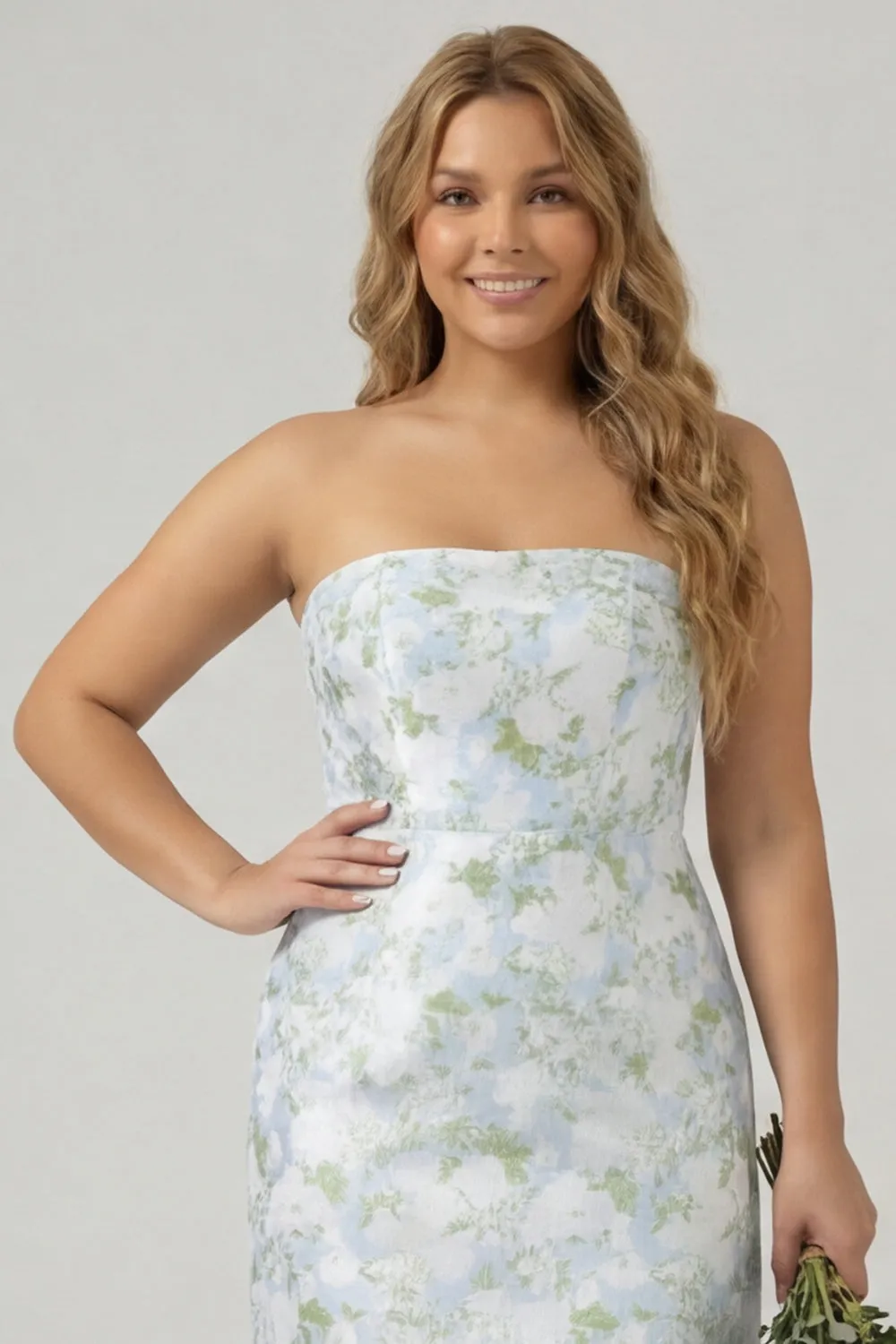 Floral Blue White Sheath Strapless Back Slit Satin Plus Size Bridesmaid Dress with Pockets sold by Wedtrend product image thumbnail 4