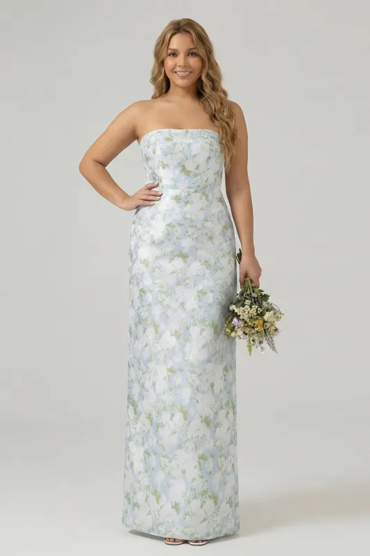 Floral Blue White Sheath Strapless Back Slit Satin Plus Size Bridesmaid Dress with Pockets made by Wedtrend