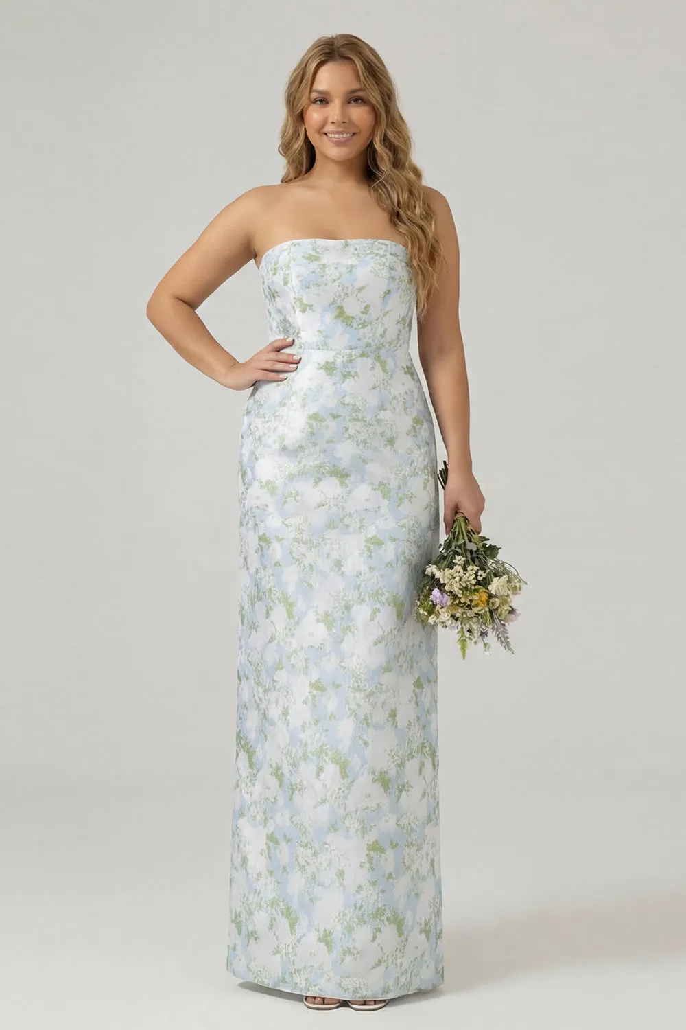 Floral Blue White Sheath Strapless Back Slit Satin Plus Size Bridesmaid Dress with Pockets sold by Wedtrend