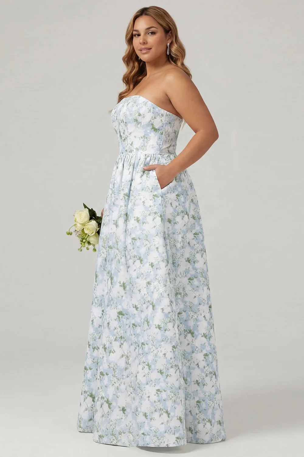 Strapless Blue White Floral Print A-Line Long Satin Plus Size Bridesmaid Dress with Pockets sold by Wedtrend product image thumbnail 3