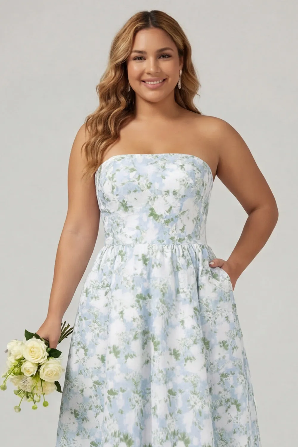 Strapless Blue White Floral Print A-Line Long Satin Plus Size Bridesmaid Dress with Pockets sold by Wedtrend product image thumbnail 4