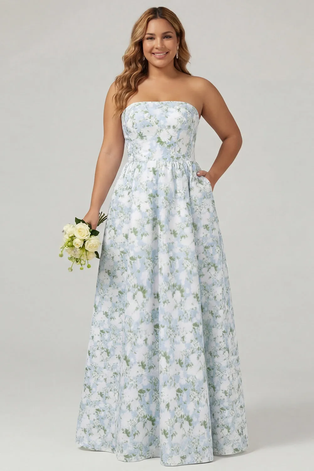 Strapless Blue White Floral Print A-Line Long Satin Plus Size Bridesmaid Dress with Pockets sold by Wedtrend