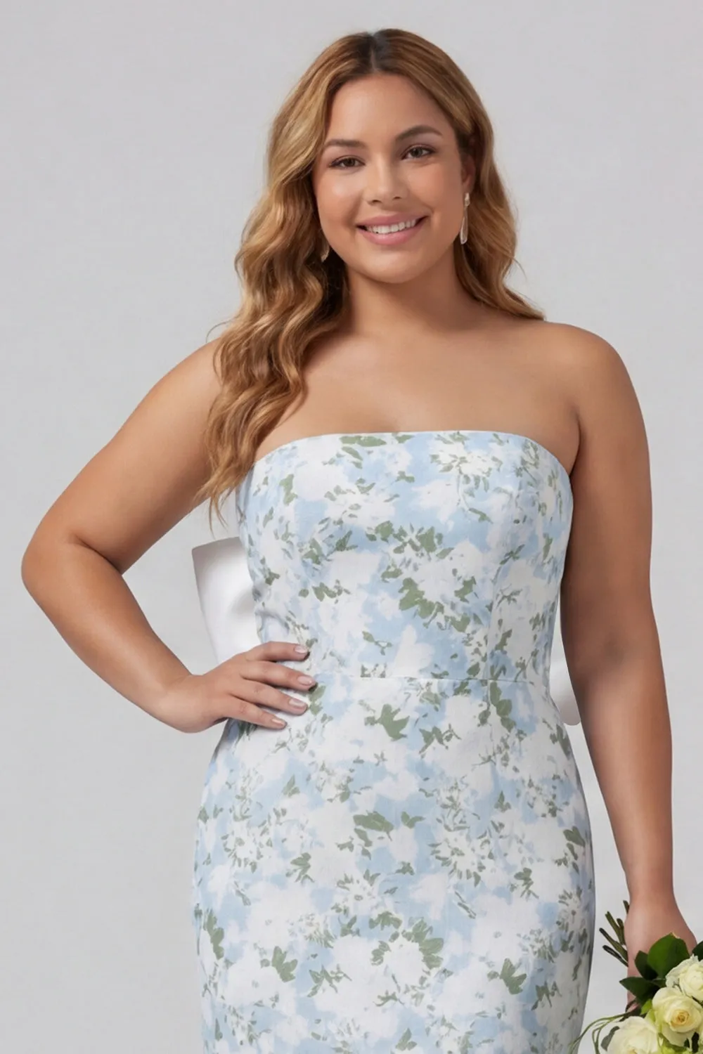 Blue White Flower Sheath Strapless Satin Long Plus Size Bridesmaid Dress with Back Bow sold by Wedtrend product image thumbnail 4